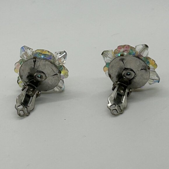 Vintage Aurora Borealis Earrings Crystal Flower Cluster Clip-On 1950-1960s - Picture 13 of 14